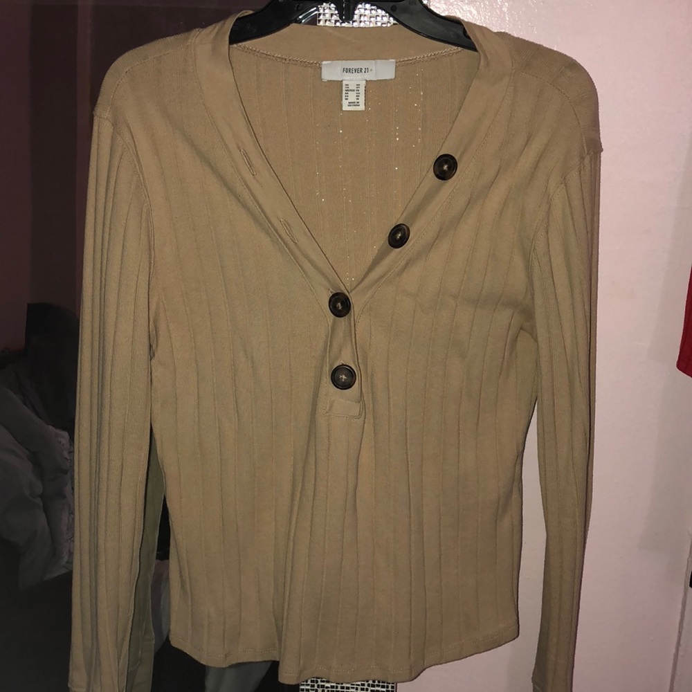 Taupe Ribbed V-neck Top